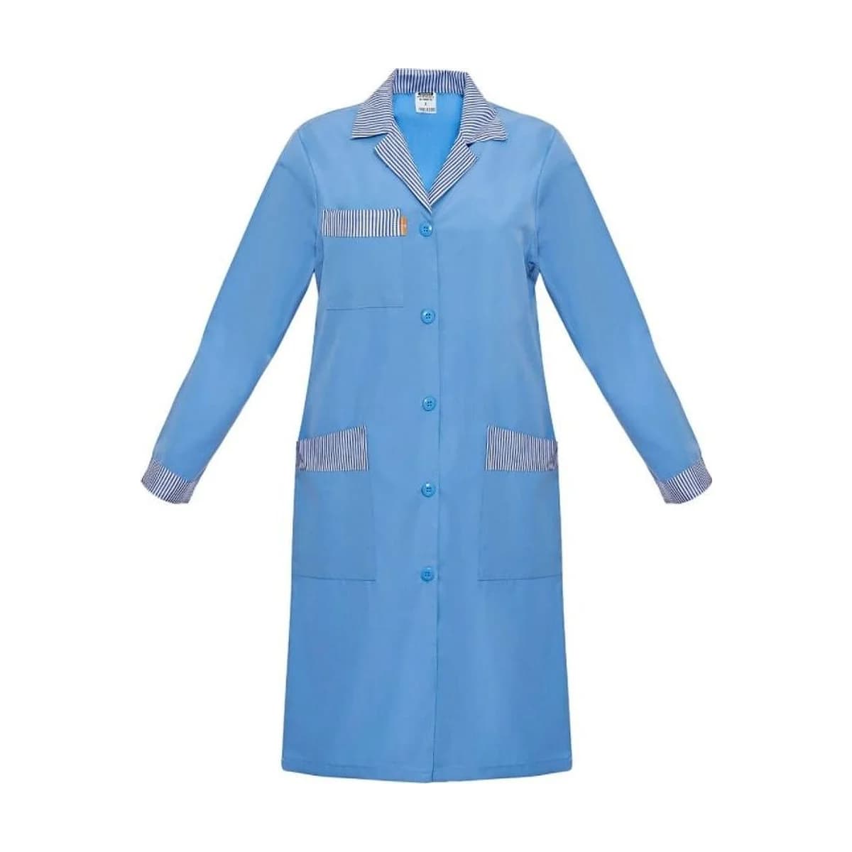 Light Blue Gingham-Trim Long Work Coat